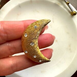 Vintage Christian Dior 80s Gold Plated Diamanté Crystal Crescent Moon Brooch